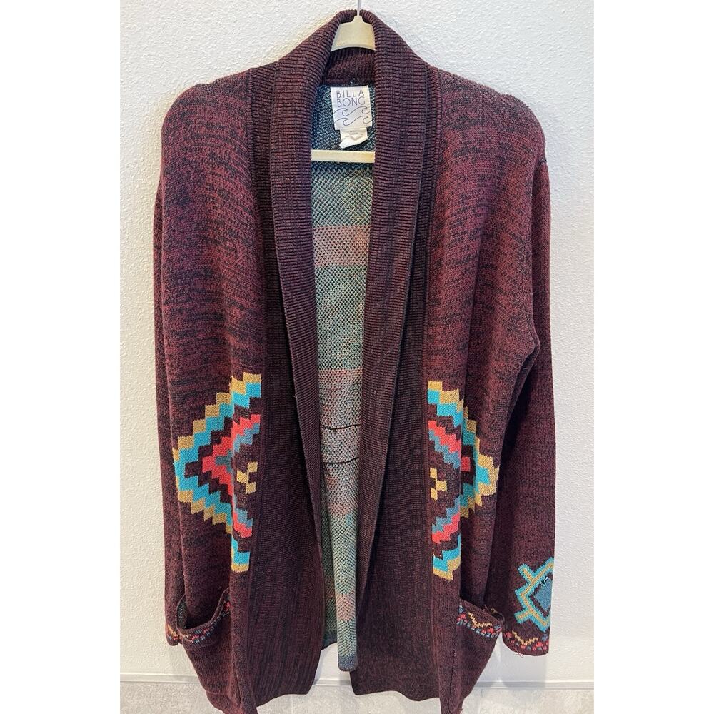 Billabong Southwest Theme-Aztec Long Cardigan Pockets Burgundy, Teal, Gold,
